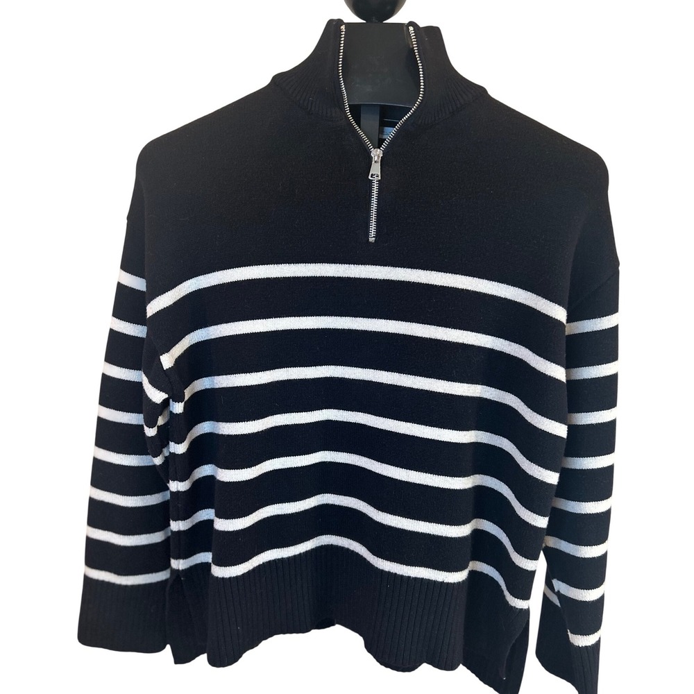ZARA‎ Women's Black White Striped Quarter Zip Mock Neck Sweater Size L